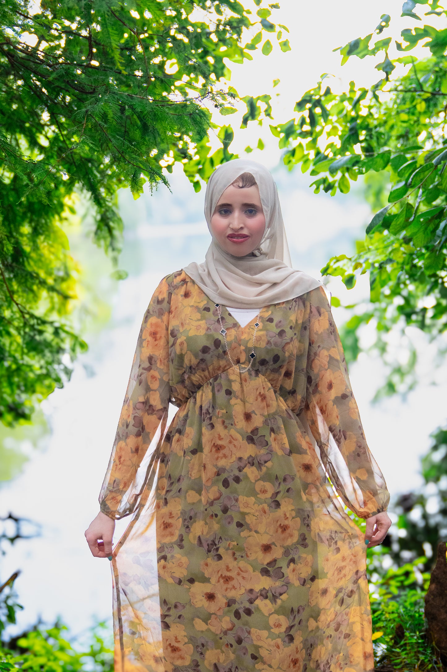 Olive Floral Chiffon Midi Dress