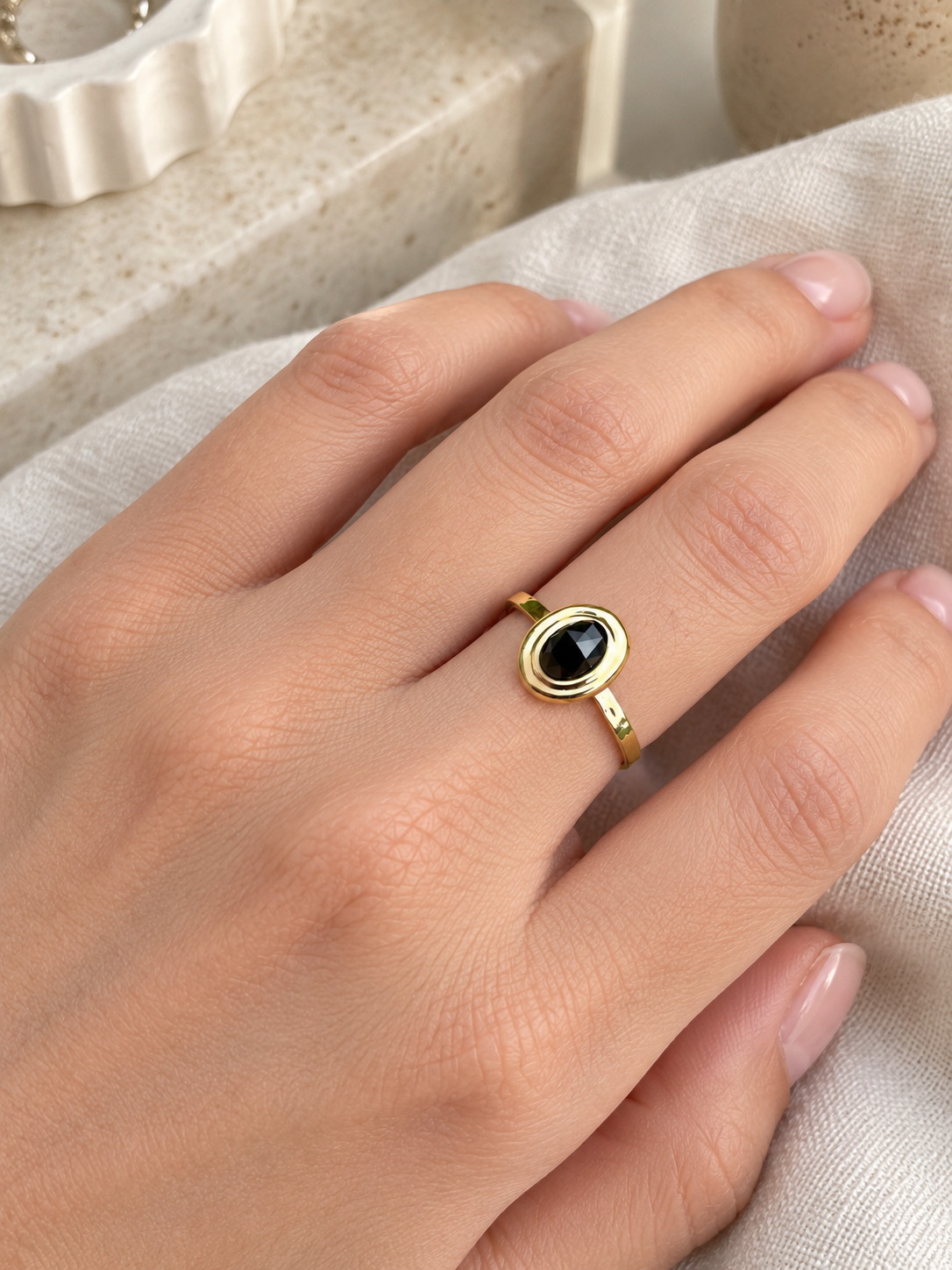 Nadira Black Oval Adjustable Ring