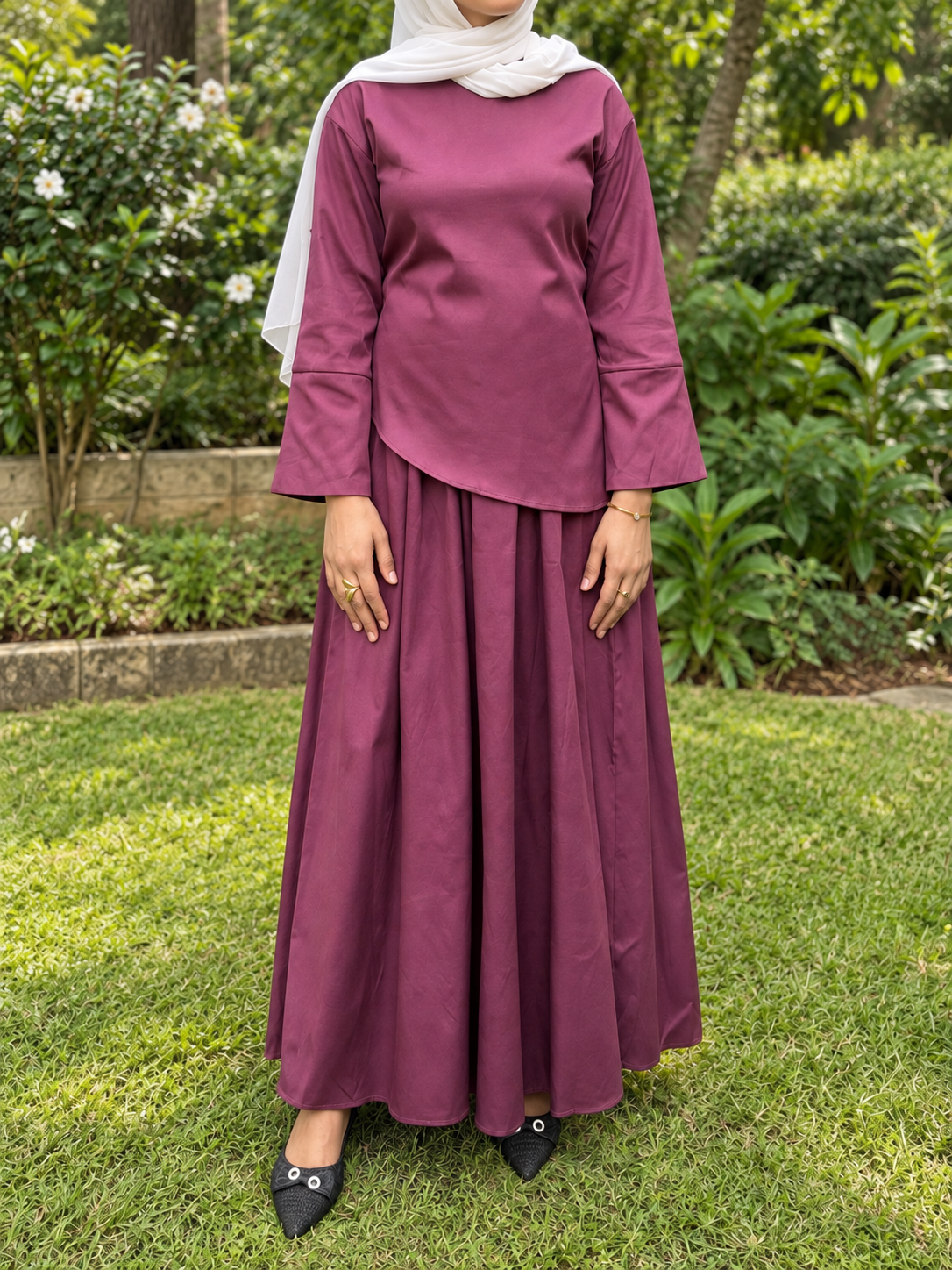 Burgundy Tie-Back Skirt Set.