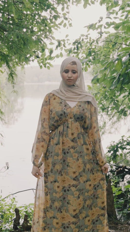 Olive Floral Chiffon Midi Dress